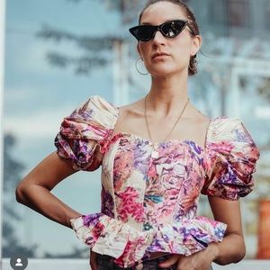 HEMANT & NANDITA Pink Floral Puff-Sleeve Peplum Top